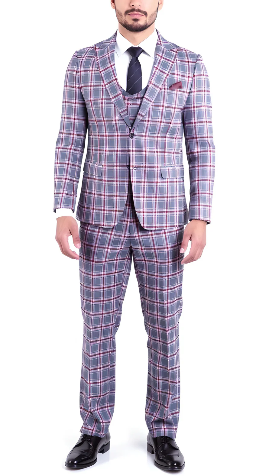 Stylish Grey and Red Checkered Suit for Men – Slim Fit 3 Piece Formal Outfit