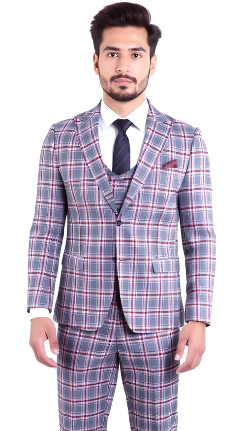 Stylish Grey and Red Checkered Suit for Men – Slim Fit 3 Piece Formal Outfit