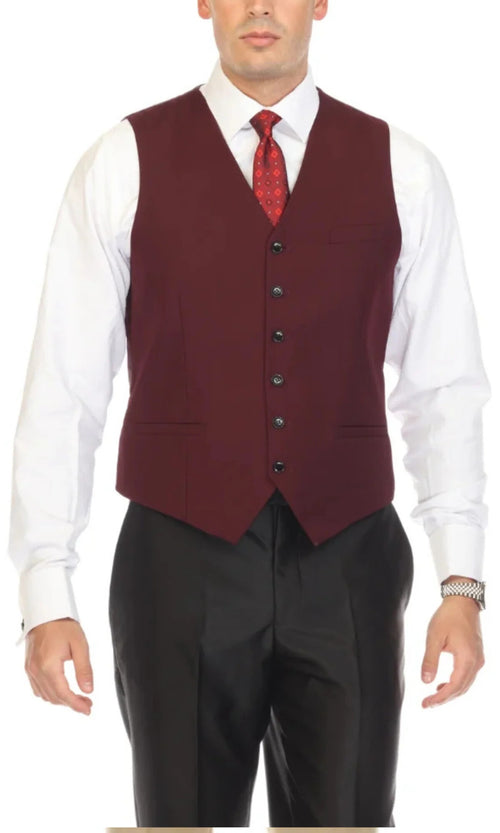The solo adjustable casual and formal burgundy vest by Alberto Nardoni features a fitted design with a deep V-neckline, six front buttons, and a left chest pocket. The fabric appears smooth, and the vest is primarily burgundy in color.