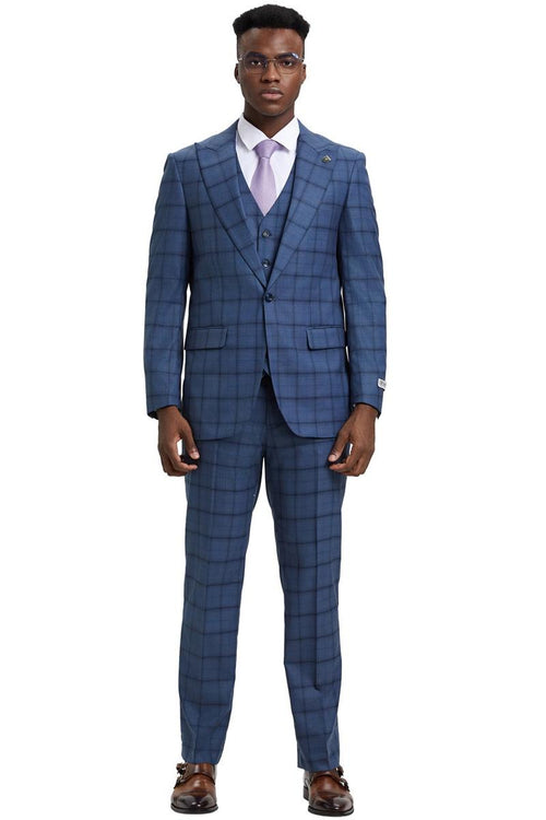 Men's Stacy Adams midnight blue, one-button vested suit. Lightweight fabric with subtle windowpane plaid. Includes blazer, matching vest, and trousers, all in a coordinated blue tone. Fitted structure.