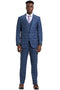 Men's Stacy Adams midnight blue, one-button vested suit. Lightweight fabric with subtle windowpane plaid. Includes blazer, matching vest, and trousers, all in a coordinated blue tone. Fitted structure.