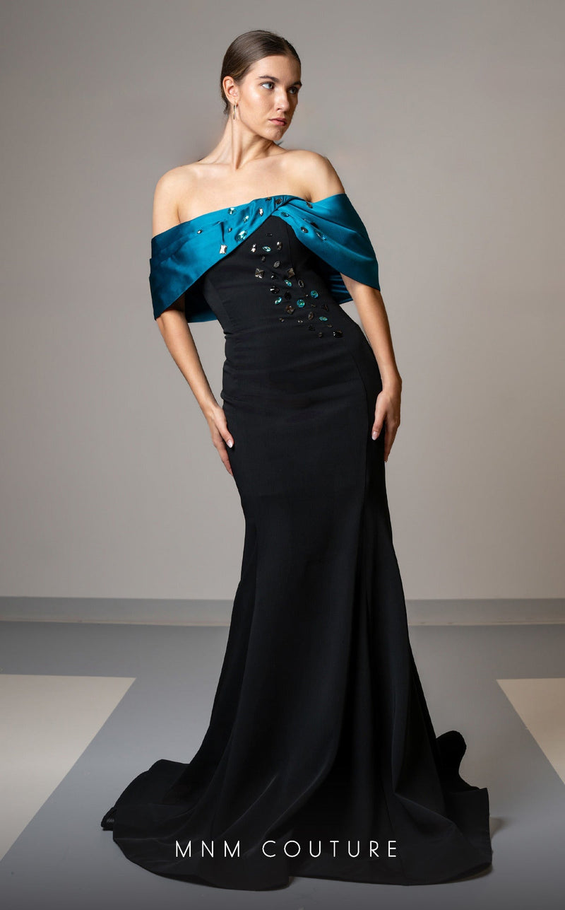 MNM Couture V07388 Black-Copper Evening Gown with Detailed Embroidery