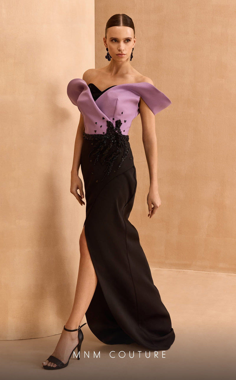 MNM Couture V07428: Off-Shoulder Gown with Sculpted Bodice in Black-Purple
