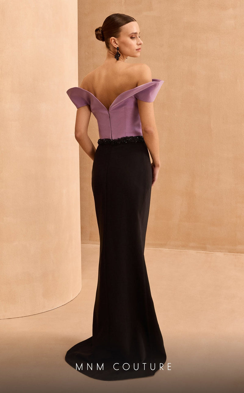 MNM Couture V07428: Off-Shoulder Gown with Sculpted Bodice in Black-Purple