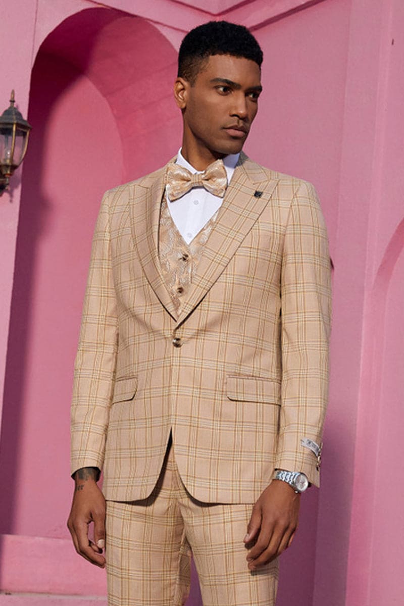 Mens Stacy Adams Suit -Stacy Adams Men's Plaid Suit with Paisley Vest & Bow Tie - Khaki