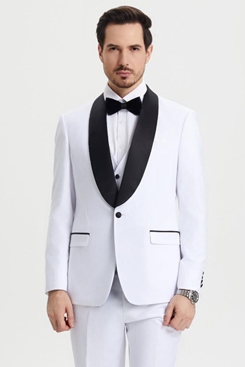 White Stacy Adams tuxedo with black satin shawl lapel, single button, and matching vest. Features two front pockets with black trim and white trousers.