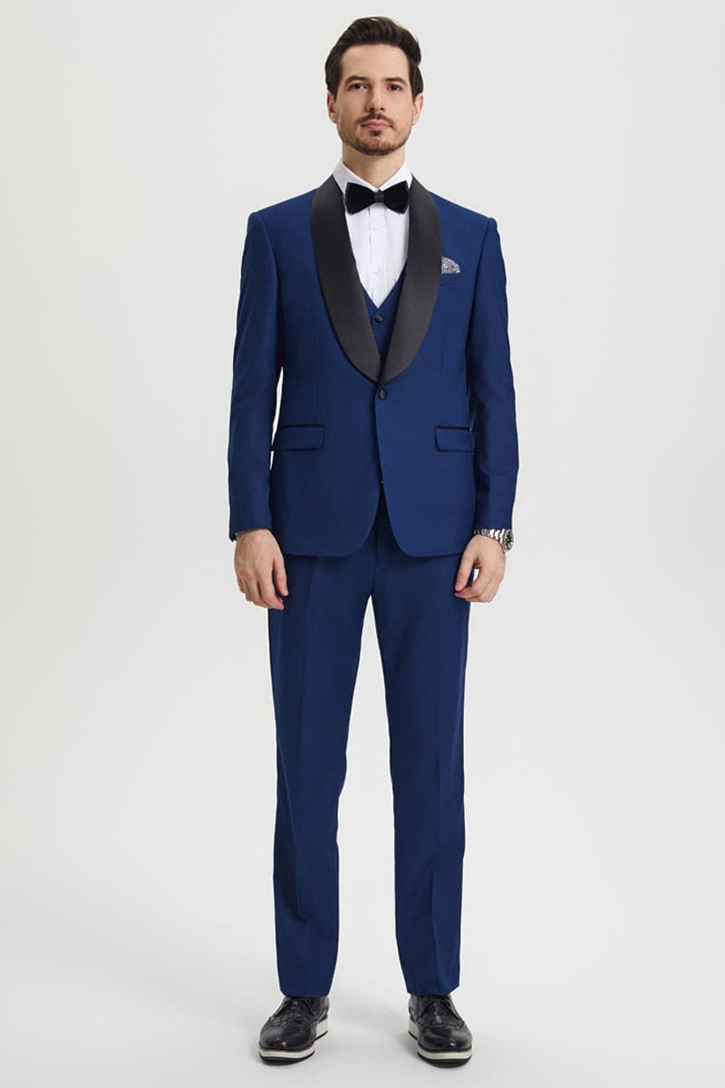 "Mens Stacy Adams Suit - Stacy Adams Suit Men's Designer Tuxedo - Vested One Button Shawl Lapel in Indigo Blue"