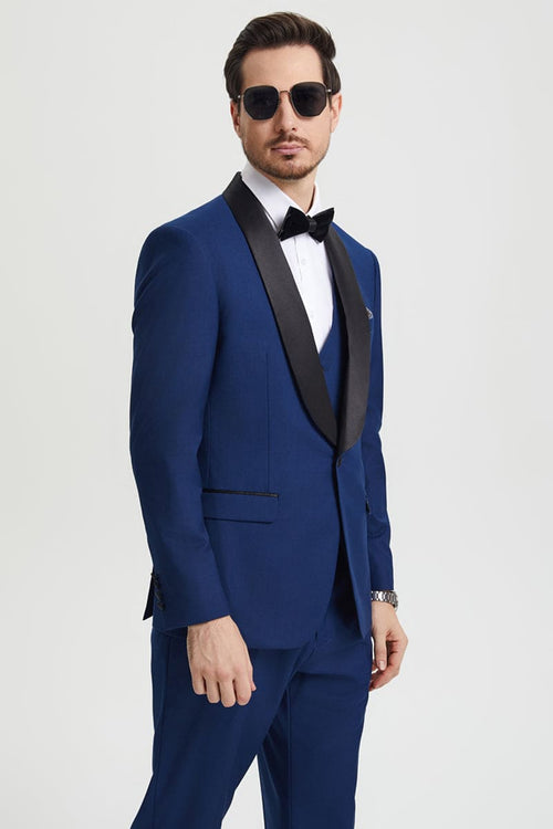 "Mens Stacy Adams Suit - Stacy Adams Suit Men's Designer Tuxedo - Vested One Button Shawl Lapel in Indigo Blue"