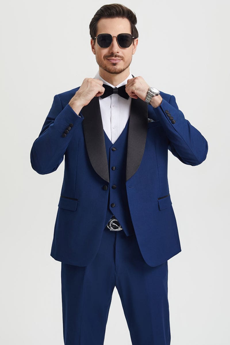 "Mens Stacy Adams Suit - Stacy Adams Suit Men's Designer Tuxedo - Vested One Button Shawl Lapel in Indigo Blue"