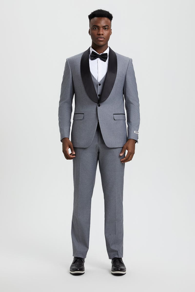 "Mens Stacy Adams Suit -Stacy Adams Suit Men's Designer Vested Tuxedo, One Button Shawl Lapel in Grey"