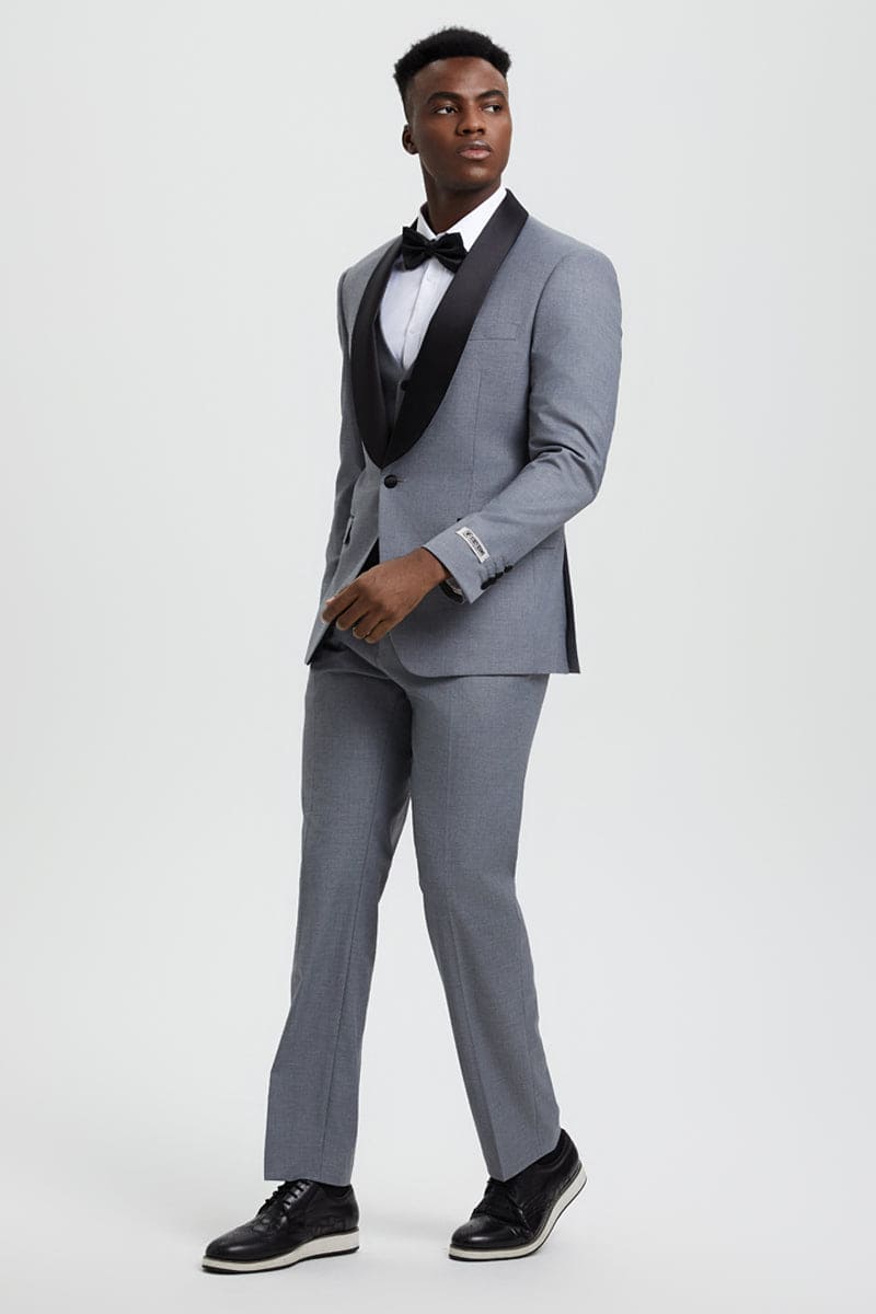 "Mens Stacy Adams Suit -Stacy Adams Suit Men's Designer Vested Tuxedo, One Button Shawl Lapel in Grey"