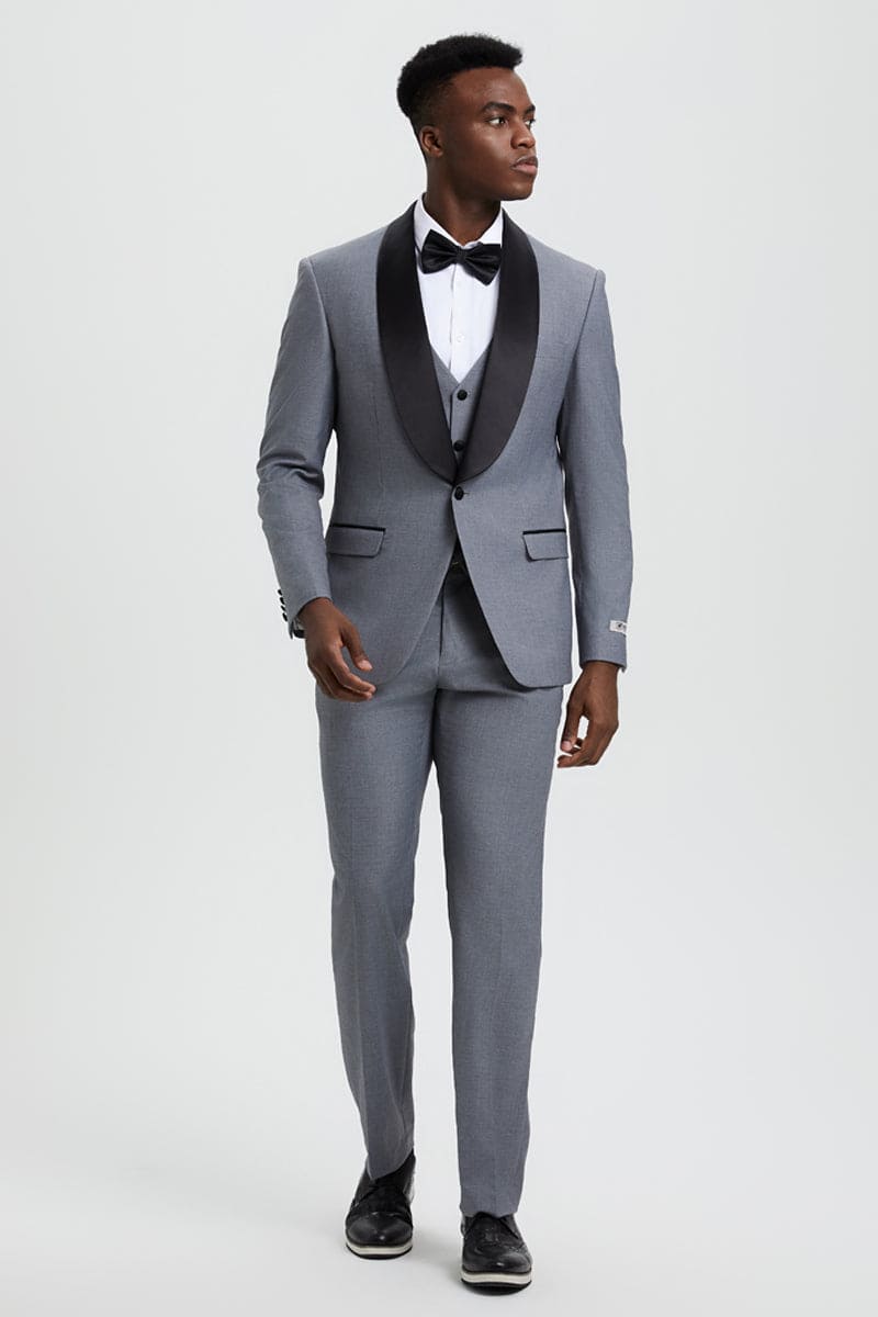"Mens Stacy Adams Suit -Stacy Adams Suit Men's Designer Vested Tuxedo, One Button Shawl Lapel in Grey"