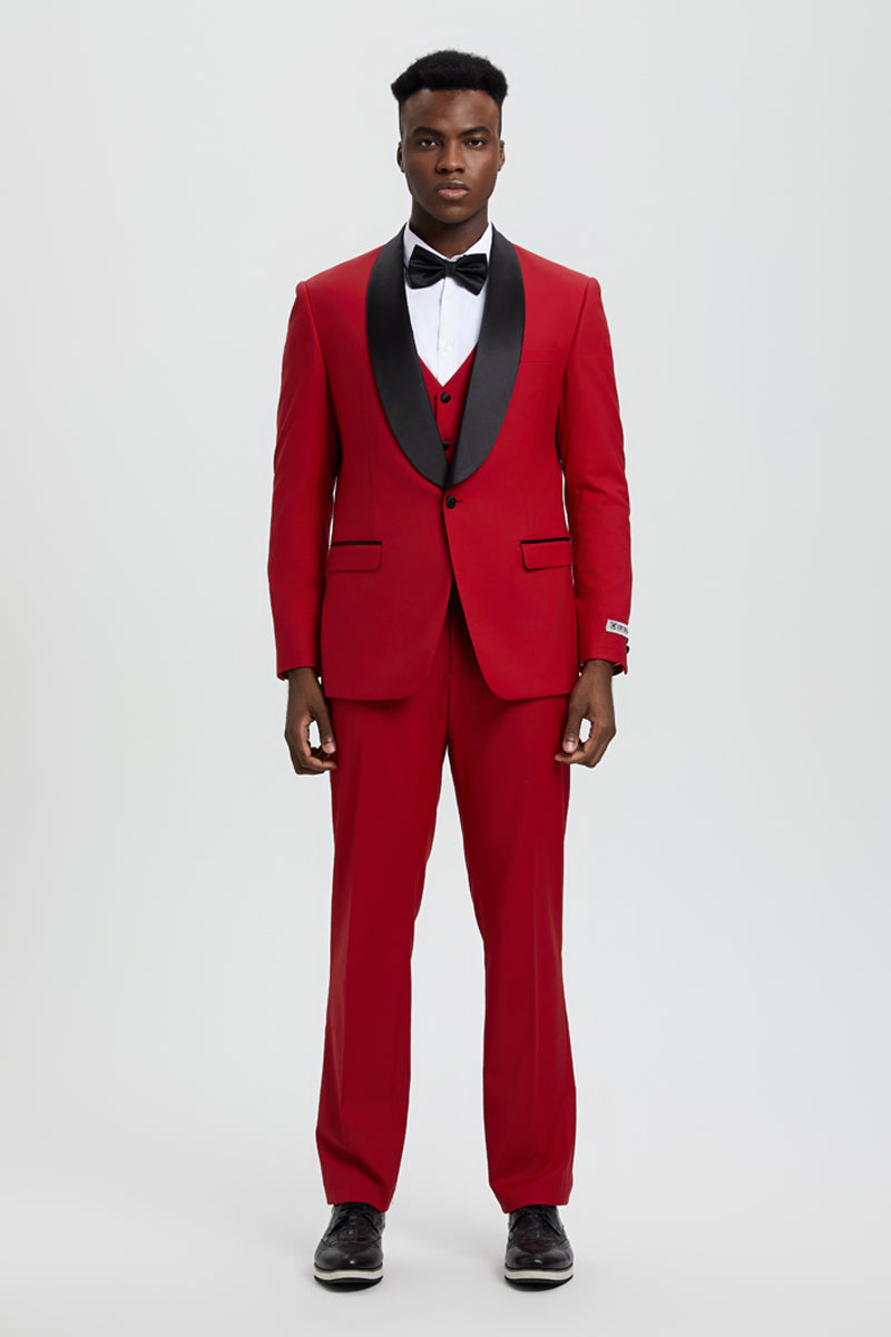Men's red Stacy Adams tuxedo with a single-button jacket, shawl lapel, and black accents. Includes matching vest and tailored trousers. Smooth fabric.