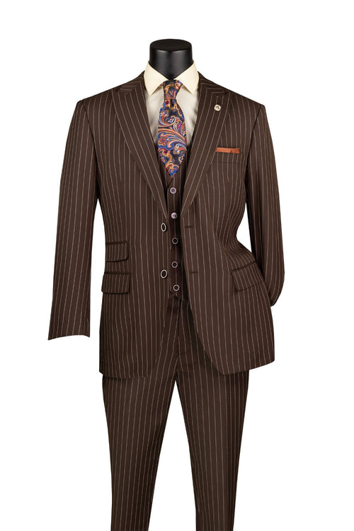 Odyssey Collection - Brown Regular Fit 3 Piece Suit 2 Button Gangster Stripe