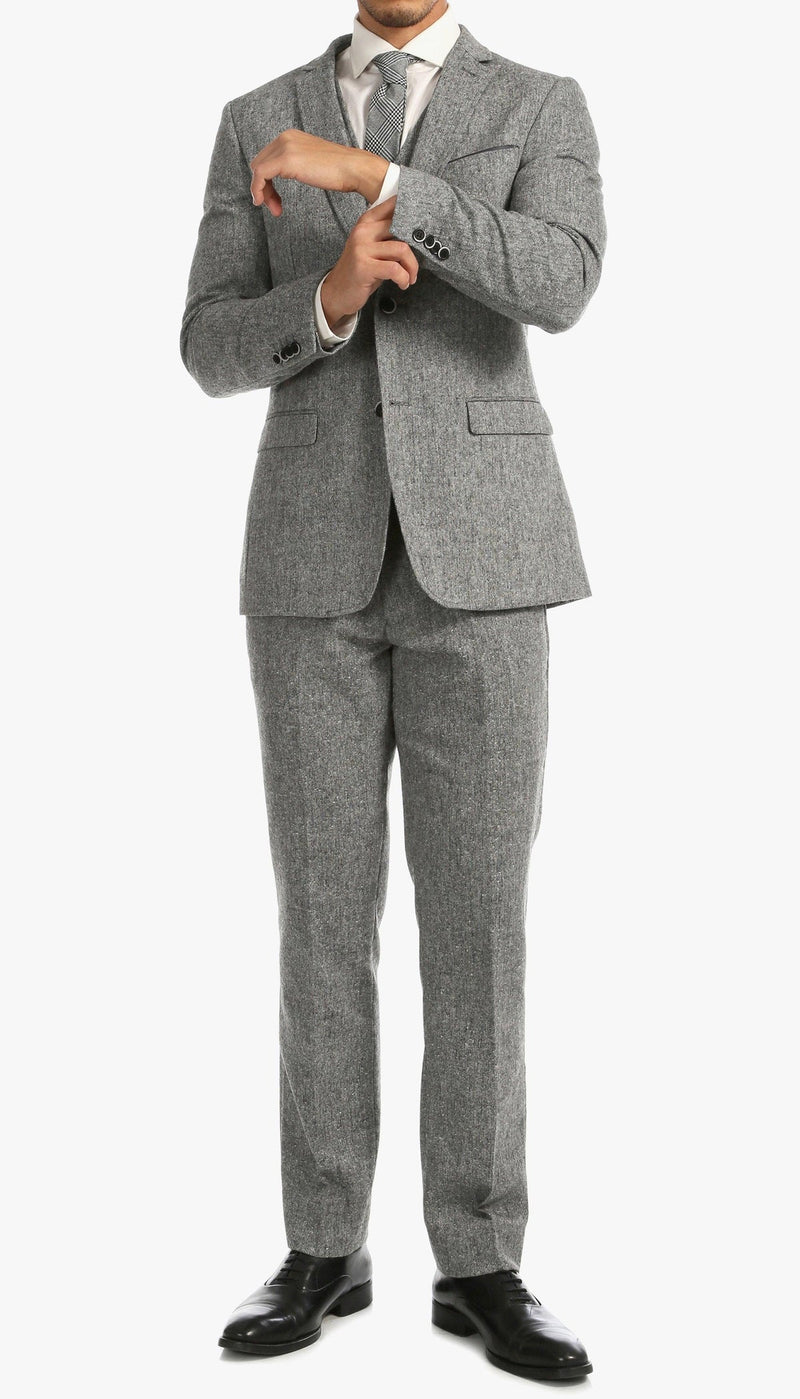 Mens Grey Tweed Three Piece Suit Vintage British Fabric Slim Fit Wedding & Business Wear