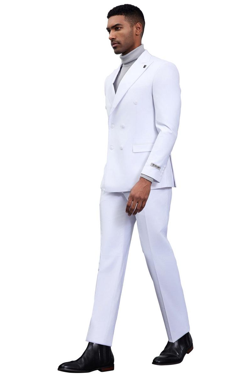 Classic Stacy Adams double-breasted suit in white. Tailored fit with a structured shape. Features large buttons, notch lapels, straight-leg trousers, and cuff detailing. Smooth, likely formal fabric.