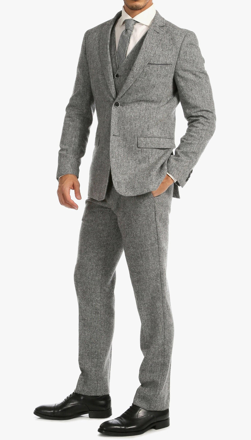 Mens Grey Tweed Three Piece Suit Vintage British Fabric Slim Fit Wedding & Business Wear