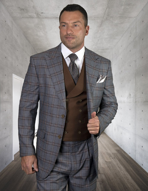 Men's classic fit suit with a burgundy/blue windowpane. Two-button, wide peak lapel. Includes vest and trousers for a tailored look.