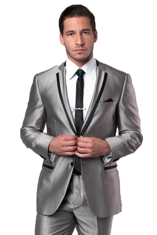 "Silver Sharkskin Men's Slim Fit Tuxedo Suit - Two Button with Black Piping"