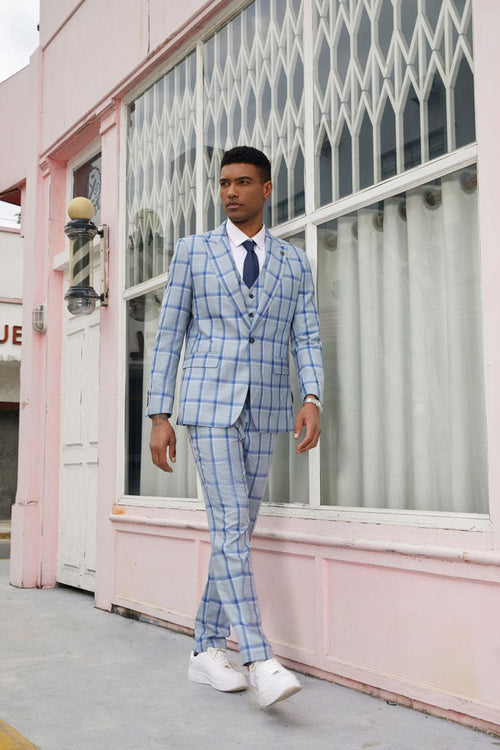 "Mens Stacy Adams Suit - Stacy Adams Suit Men's Vested Peak Lapel Plaid Suit - Blue Windowpane"