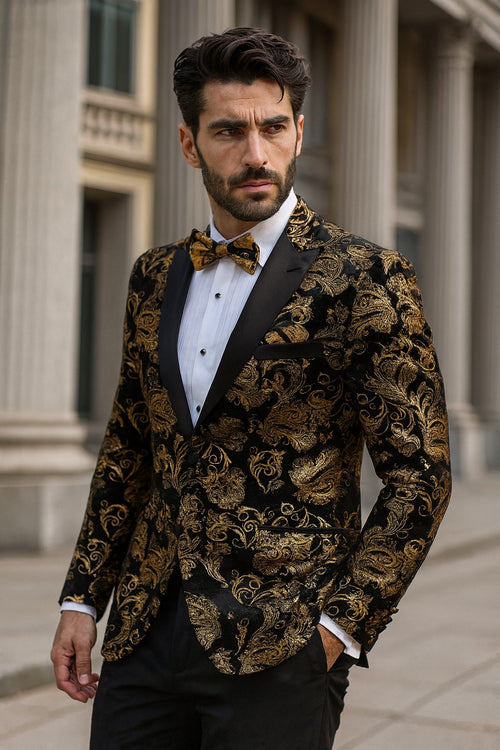 Velvet Floral Paisley Men's Tuxedo Jacket - Modern Fit In Gold & Black