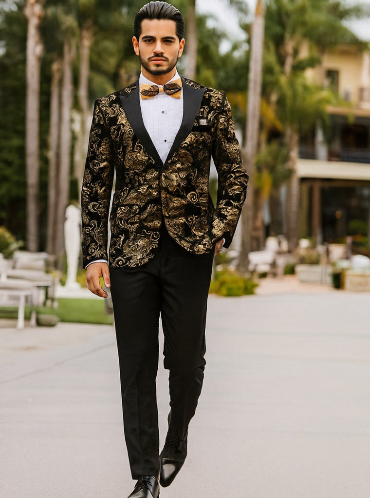 Velvet Floral Paisley Men's Tuxedo Jacket - Modern Fit In Gold & Black