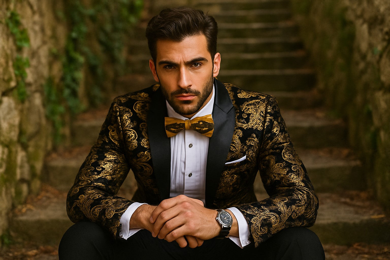 Velvet Floral Paisley Men's Tuxedo Jacket - Modern Fit In Gold & Black