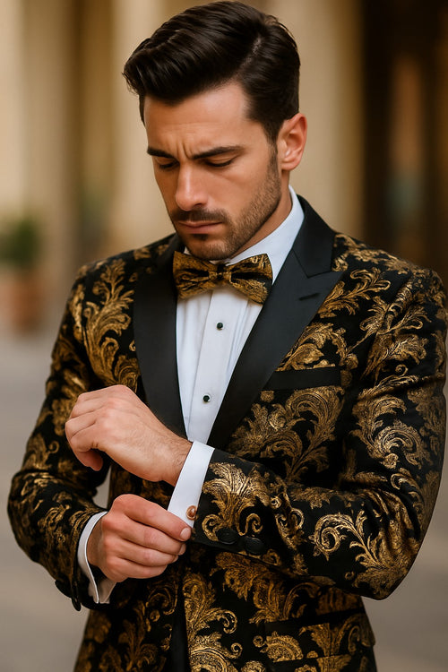 Velvet Floral Paisley Men's Tuxedo Jacket - Modern Fit In Gold & Black