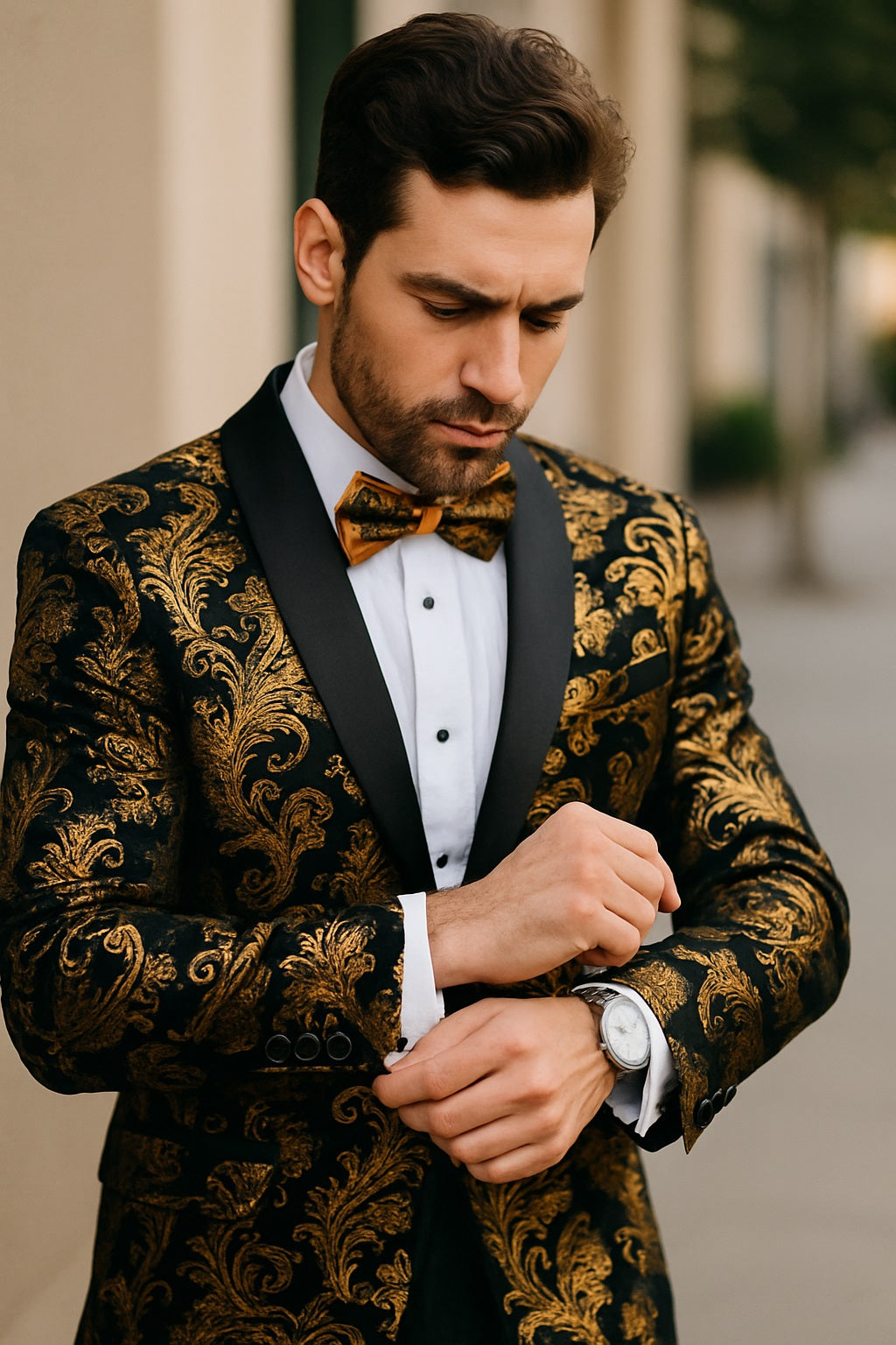 Velvet Floral Paisley Men's Tuxedo Jacket - Modern Fit In Gold & Black