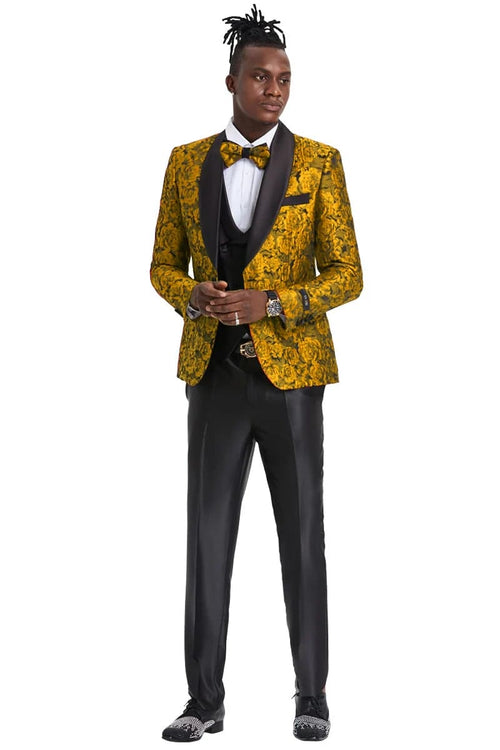 Mens One Button Slim Fit Paisley Skinny Fit Pant Vested Prom Tuxedo in Gold and Black
