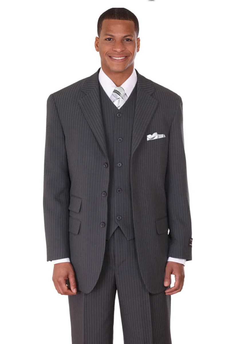 Men's 2 Button Vested Shiny Closure Black Pinstripe Suit main image 0