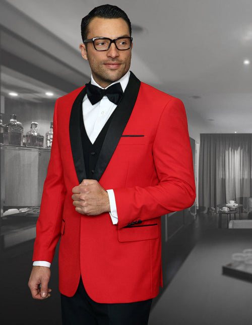 Red wool tuxedo with black shawl lapel and pocket details. Structured fit, contrasting black buttons, smooth finish. Men's vested tuxedo.