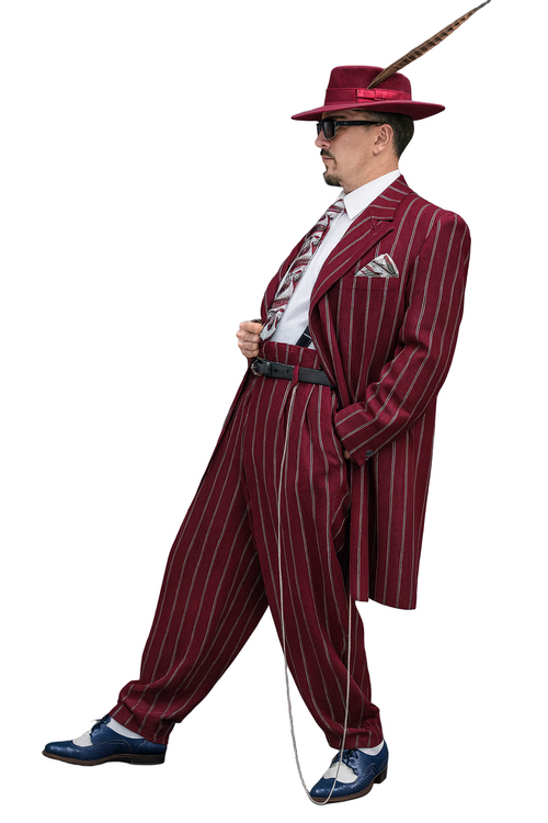 Burgundy Pinstripe Zoot Suit – 3 Piece 1920s/1930s Gangster Outfit (Jacket and Pants and Vest) Vintage Fashion