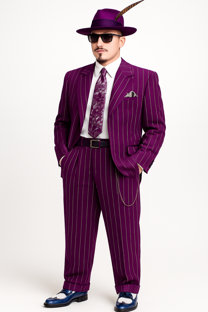 Purple pinstripe zoot suit (jacket, pants, vest). Bold purple with lighter vertical pinstripes. Wide lapels, single-breasted jacket, high-waisted wide-leg pants. Vintage 1920s/30s style. Includes tie and pocket square.