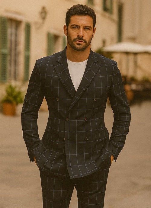 1920's Mens Vested Bold Gangster Vintage Plaid Suit With White Vest in Black