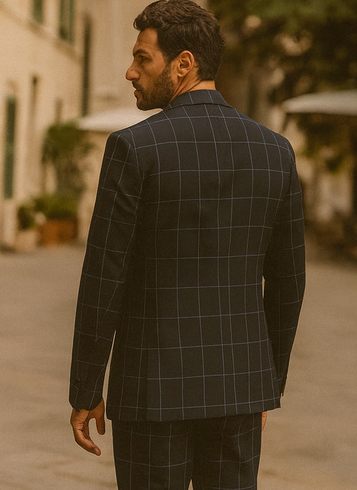 1920's Mens Vested Bold Gangster Vintage Plaid Suit With White Vest in Black