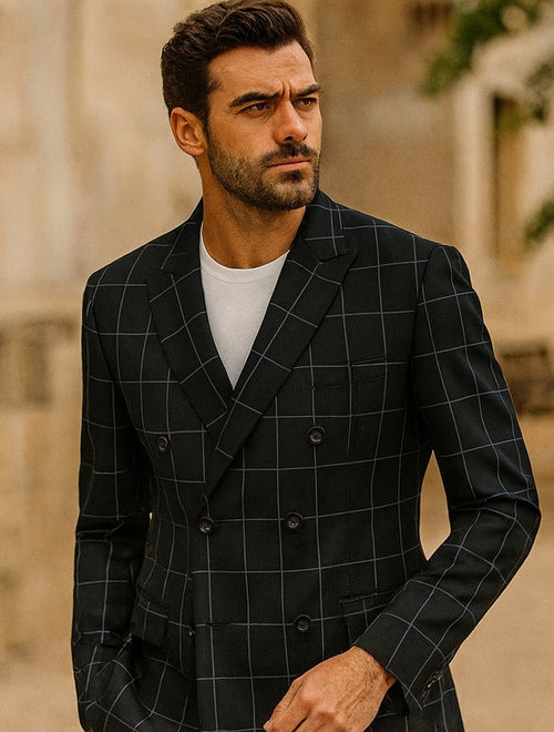 1920's Mens Vested Bold Gangster Vintage Plaid Suit With White Vest in Black