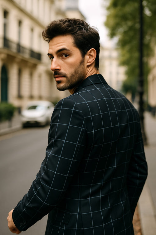 1920's Mens Vested Bold Gangster Vintage Plaid Suit With White Vest in Black