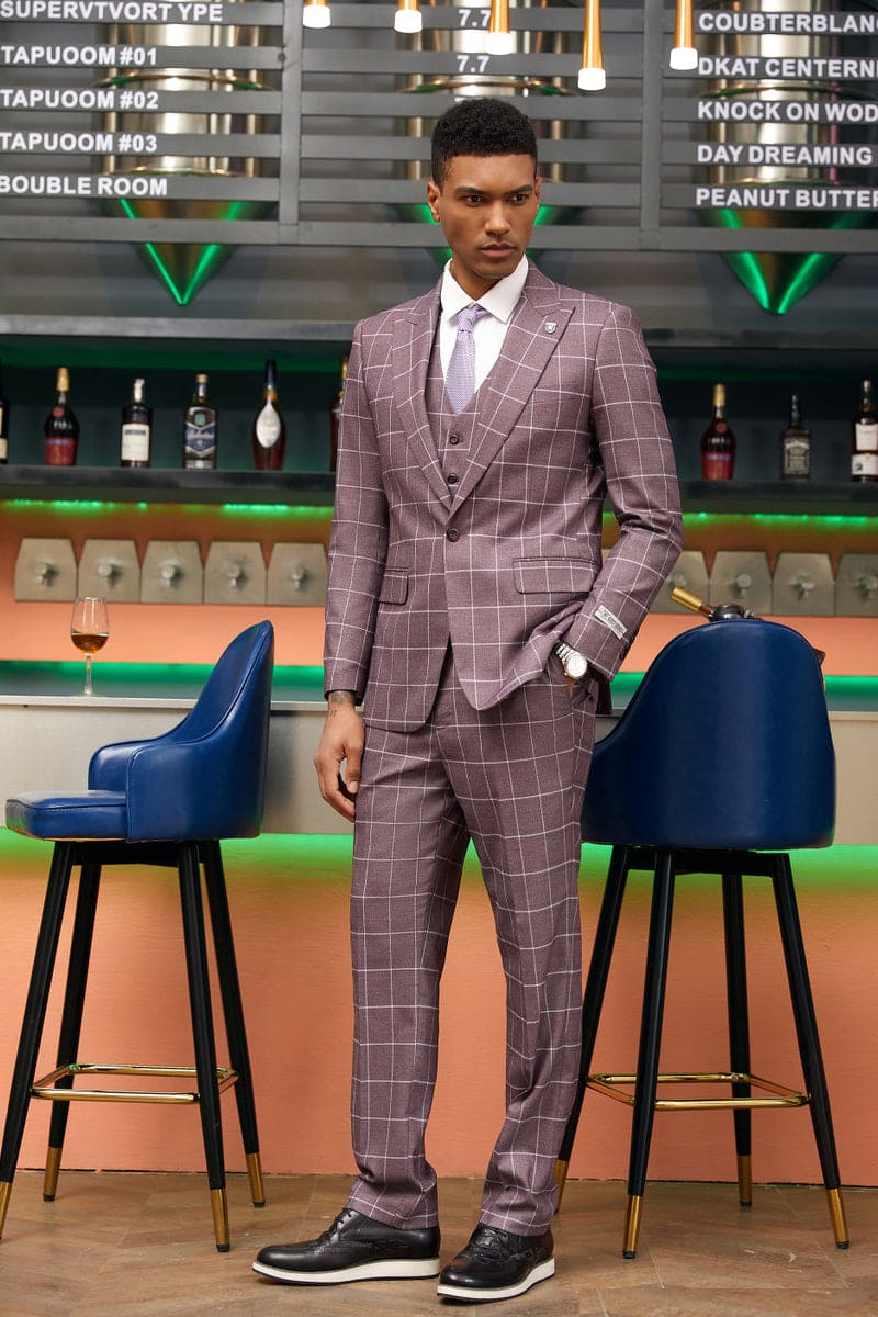 Mens Stacy Adams Suit - Stacy Adams Suit Men's Modern Fit Suit - One Button Vested in Lavender Plaid