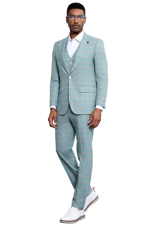 Men's Stacy Adams vested suit in light turquoise green plaid. Features a fitted jacket with peak lapels, matching vest, and straight-leg trousers. Lightweight fabric with structured elements. Includes a white collared shirt.