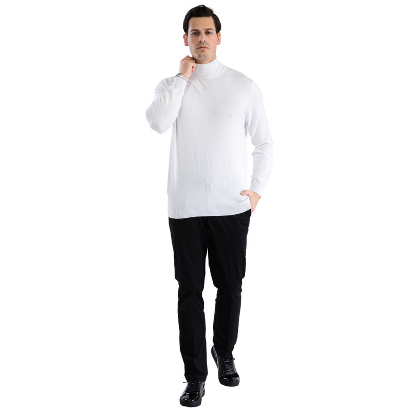 Men's white turtleneck sweater. Fitted shape, long sleeves, and high, close-fitting neck. Smooth, ribbed fabric.