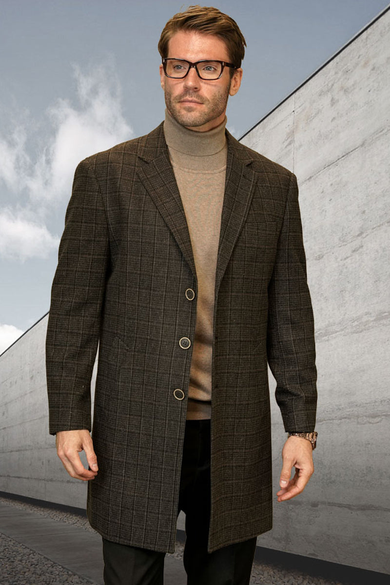 Men's black plaid designer coat. 100% wool, tailored fit with structured silhouette. Features large lapels, three buttons, and a classic black/gray plaid pattern.