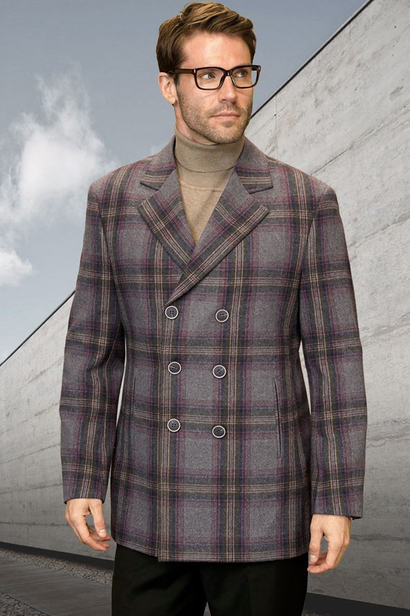 Men's grey plaid wool peacoat. Double-breasted, wide lapels, and unique check pattern with grey and purple tones. 100% wool for winter.