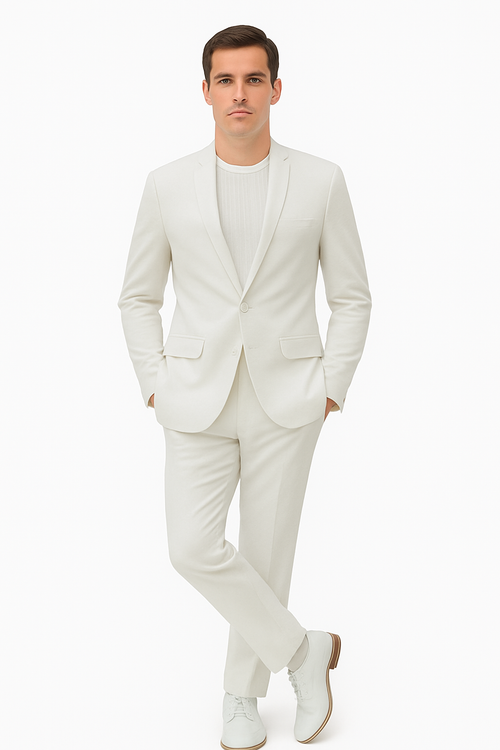 Mens Two Piece Linen Suit Relaxed Hybrid Fit No Collar