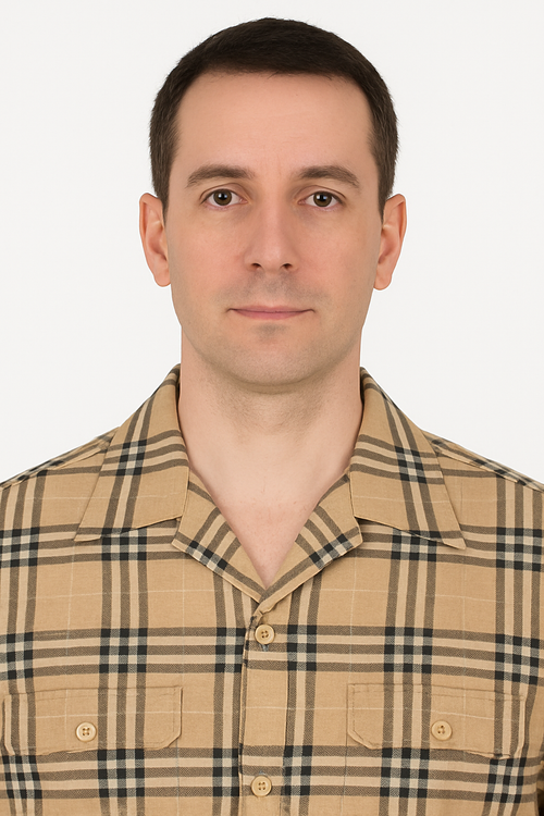 Men's summer shirt: lightweight, beige plaid with relaxed collar and two pockets. Black & brown lines intersect.