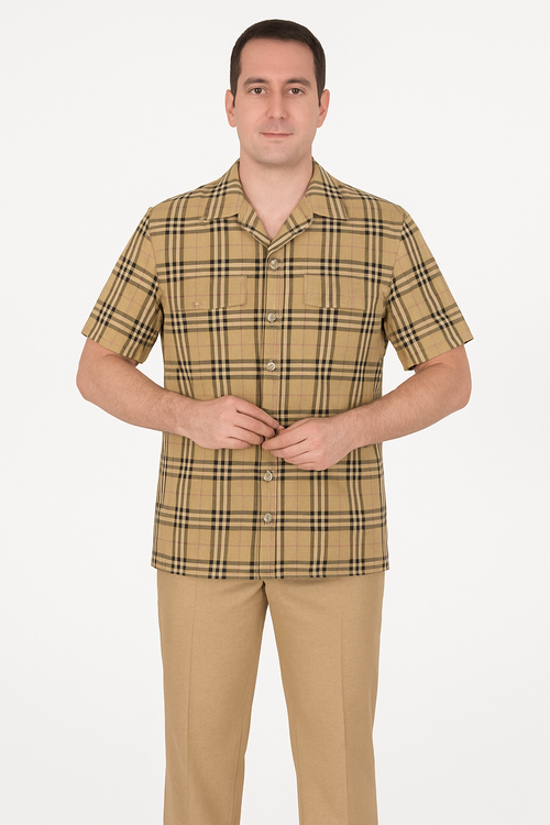 Beige plaid men's summer shirt: lightweight fabric, short sleeves, classic collar. Checkered pattern with dark brown and pink lines. Two chest pockets, button-front closure.