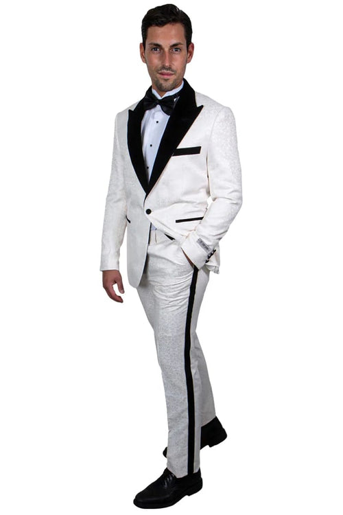 Mens Peak Lapel Paisley Prom and Wedding Tuxedo in Ivory and Black