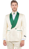 Mens Slim Fit Double Breasted Shawl Collar Prom and Wedding Tuxedo Ivory and Emerald Green
