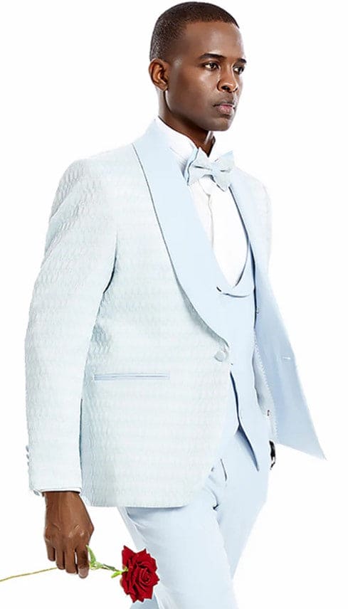 Mens One Button Solid Textured Vested Wedding and Prom Tuxedo in Sky Blue
