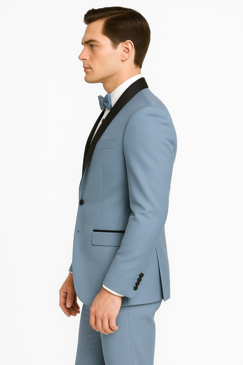 Dusty Blue Suit – Shawl Collar Vested 3-Piece Men’s Suit, Slim Fit Jacket, Pants & Vest